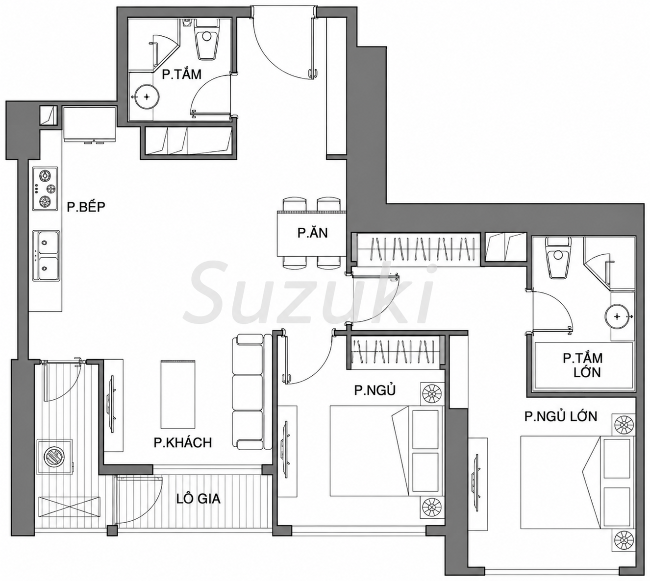 Sơ đồ mặt bằng căn hộ Vinhomes Central Park Landmark Plus 2 phòng ngủ