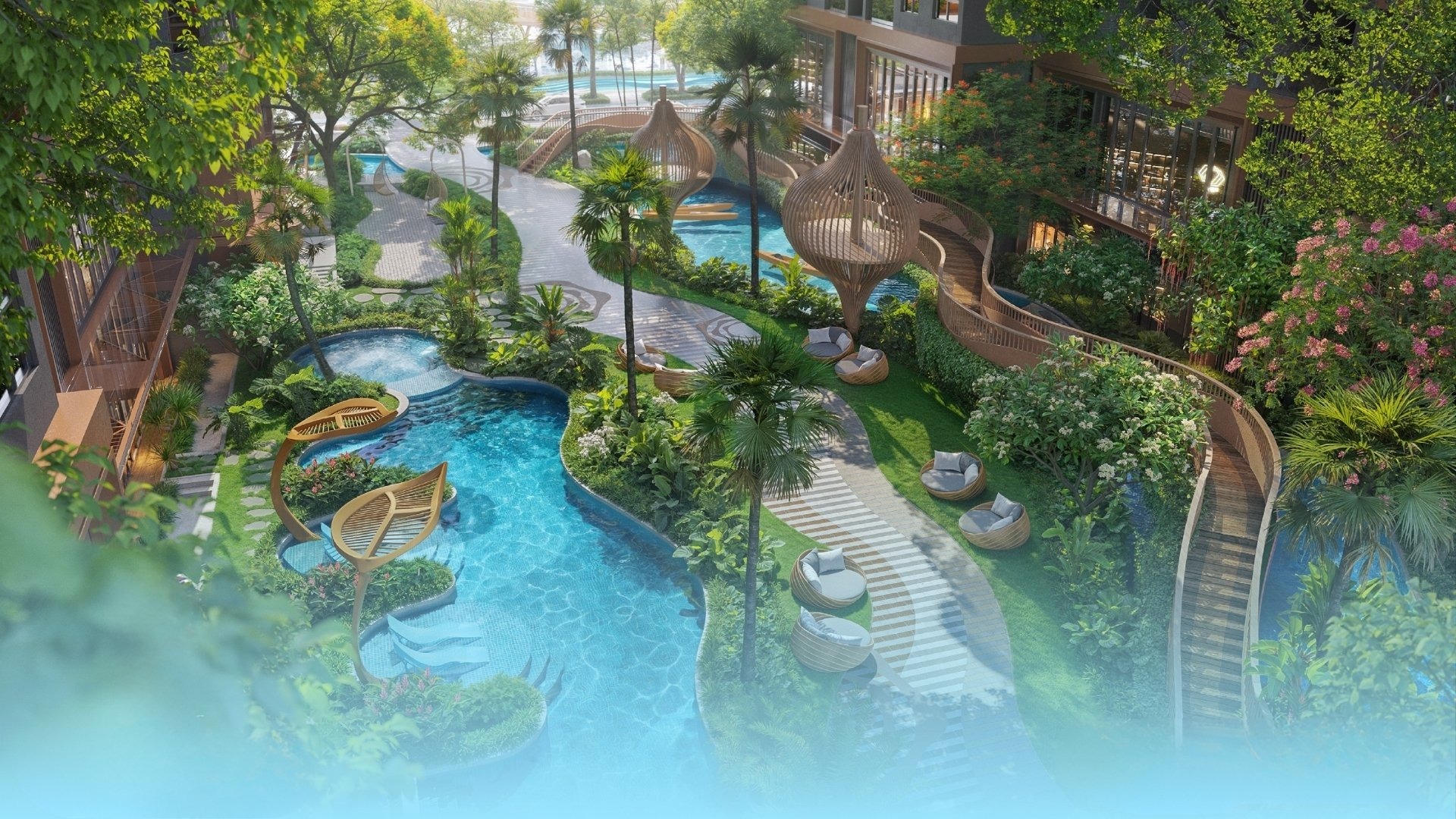 CG 全景展现了占地 6500 平方米的 Monrei Saigon 水上度假村。
